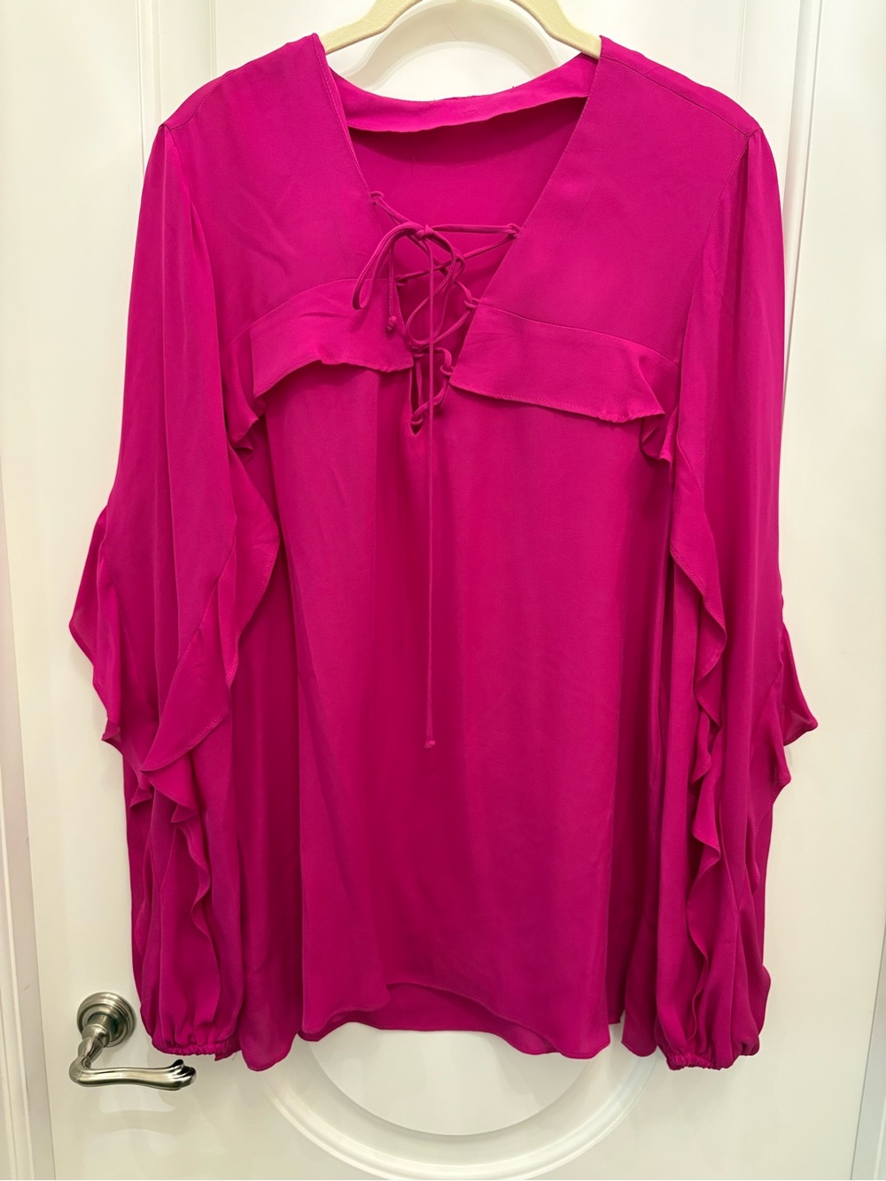 Kobi Halperin Fuchsia Lace-Up Ruffle Sleeve Blouse